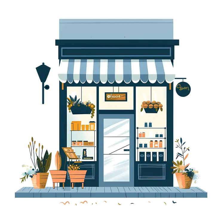 Cute Small Shop with Blue Striped Awning