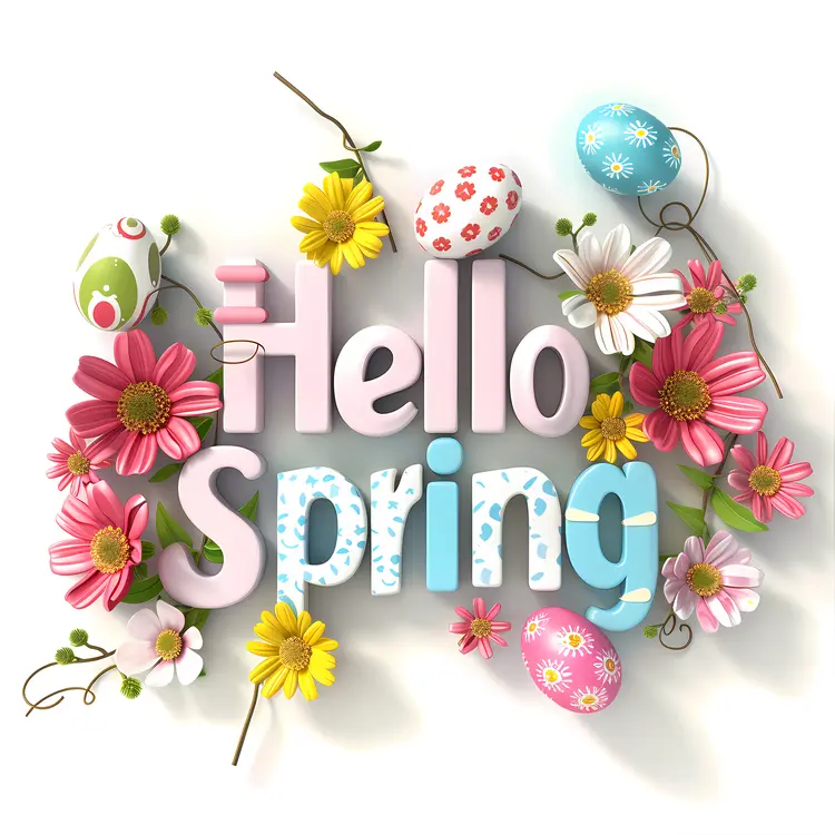 Hello Spring with Colorful Flowers and Eggs