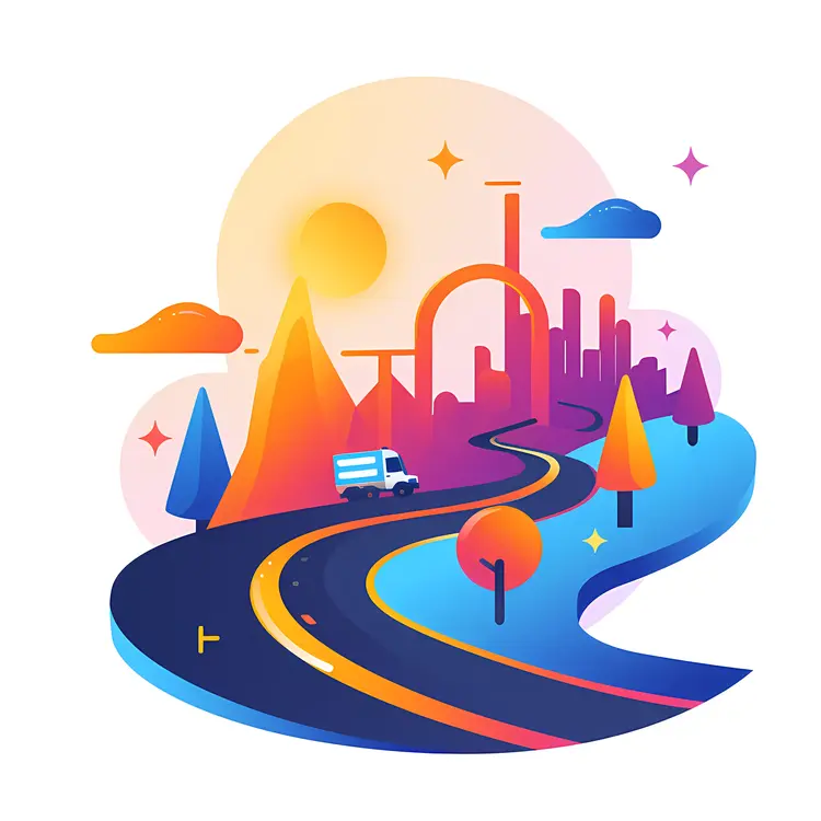 Winding Road Leading to Cityscape at Sunset