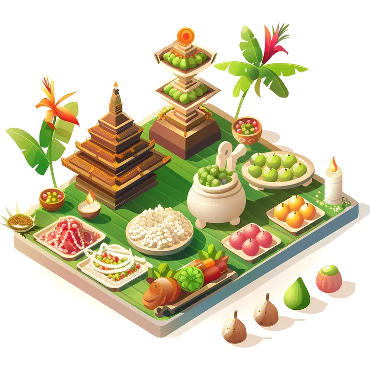Traditional Food Arrangement with Temple and Fruits
