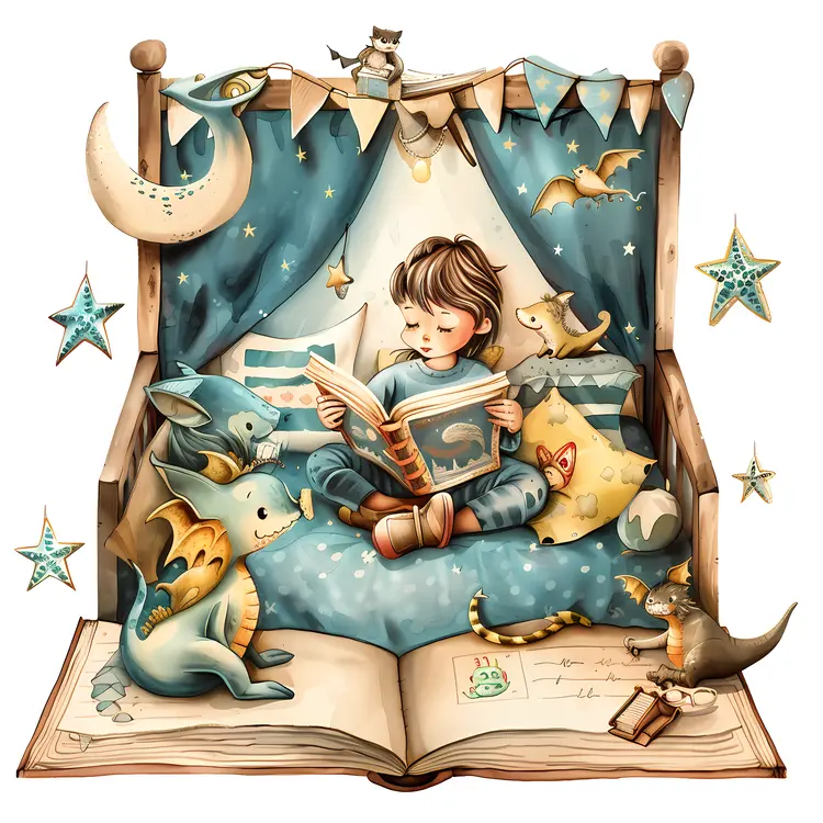 Boy Reading a Book with Dragons
