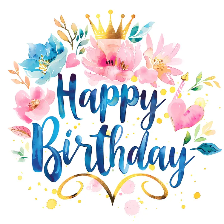 Happy Birthday with Pink and Blue Floral Design and Crown