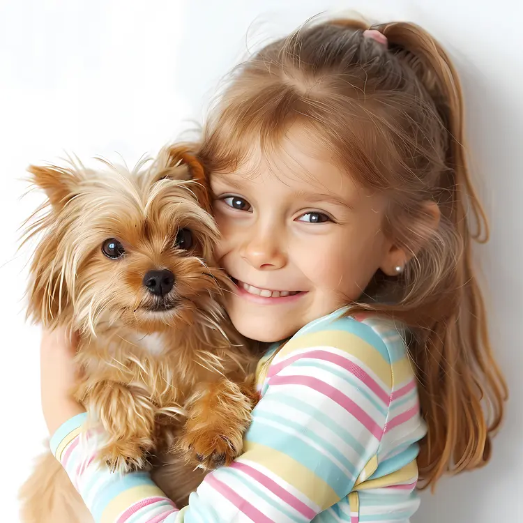 Smiling Child Hugging Dog in Striped Shirt