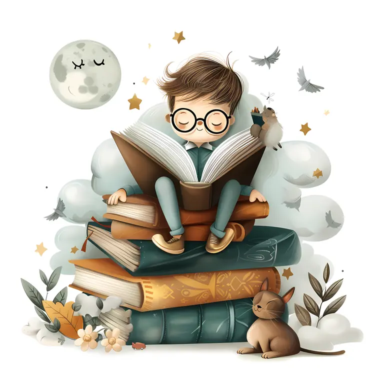 Boy Reading Books at Night