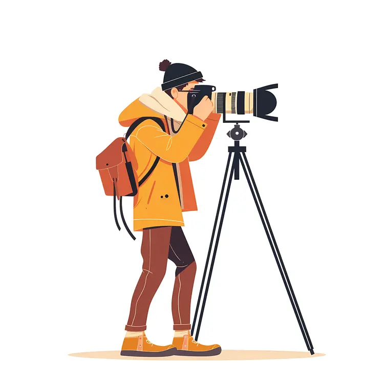 Photographer in Yellow Jacket Using Tripod