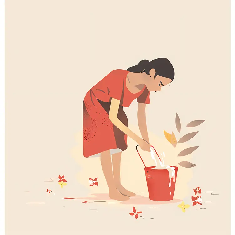 Girl Watering Flowers with Bucket
