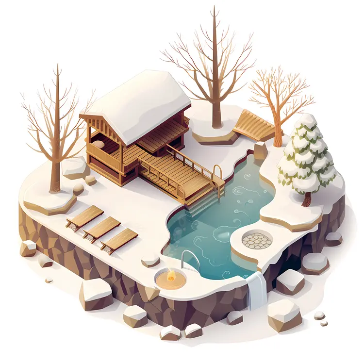 Snowy Hot Spring with Wooden Cabin