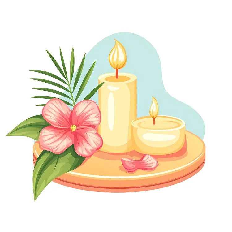 Candles with Flower and Leaves on Tray