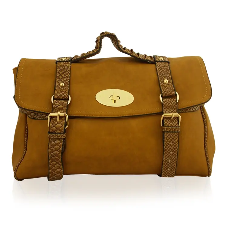 Brown Leather Handbag with Buckle Straps