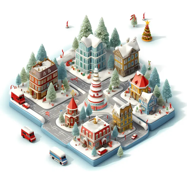 Snowy Town with Festive Decorations