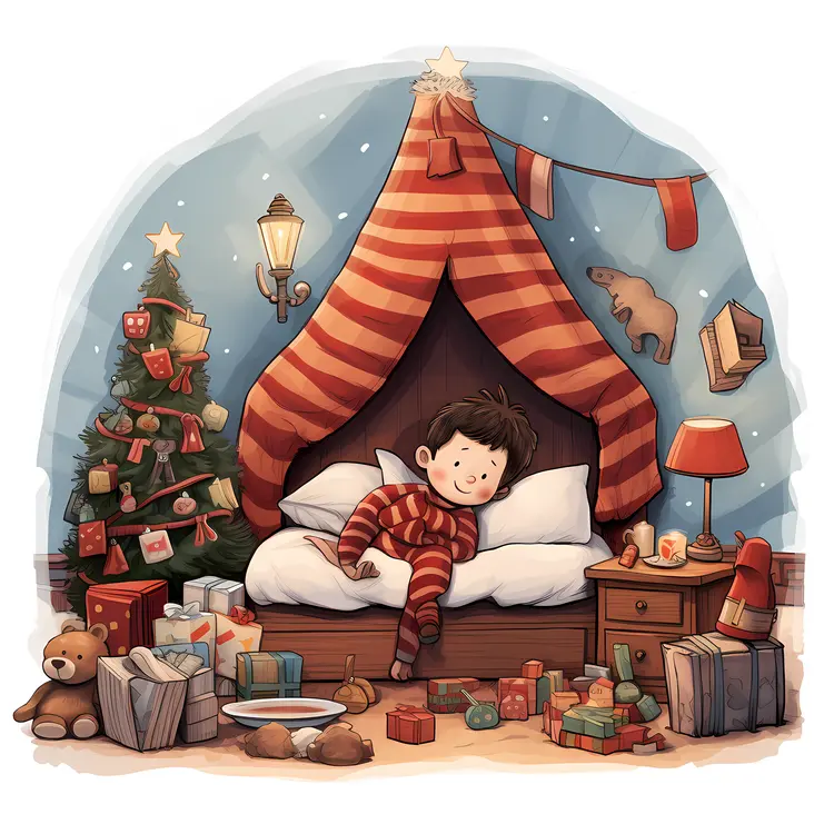 Child's Christmas Bedroom with Tree and Gifts