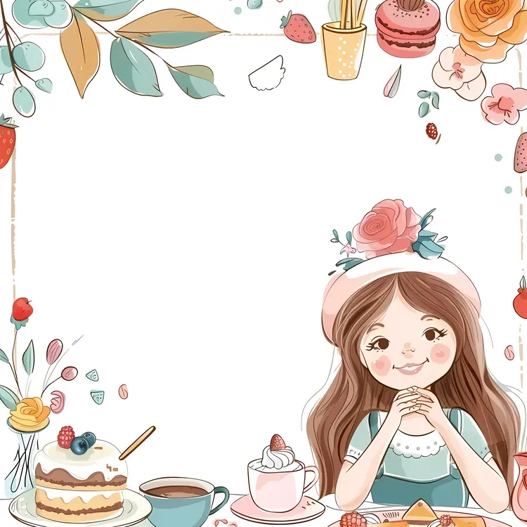 Girl Enjoying Food with Floral Frame