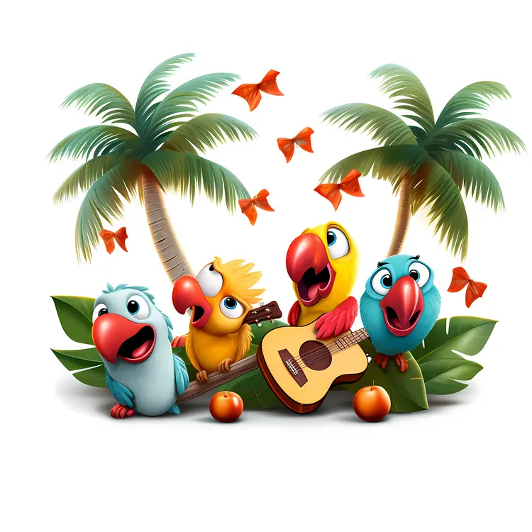 Colorful Birds with Palm Trees and Guitar