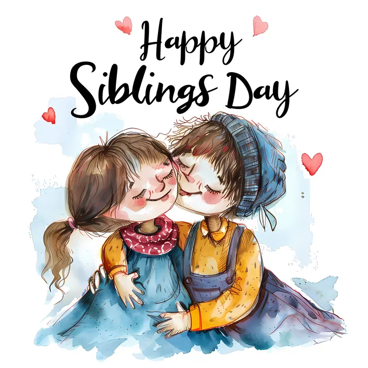 Happy Siblings Day Cartoon Illustration with Two Kids and Hearts