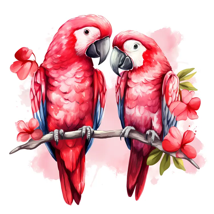 Red Parrots on Flowering Branch