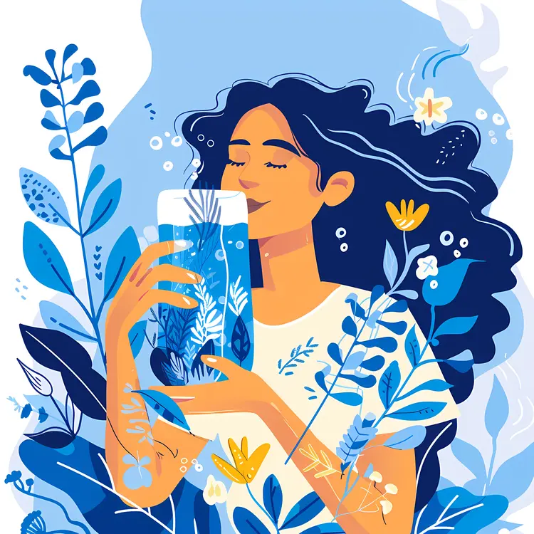 Woman Drinking Water in Nature Illustration