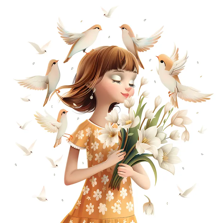 Cute Girl Holding Flowers with Birds