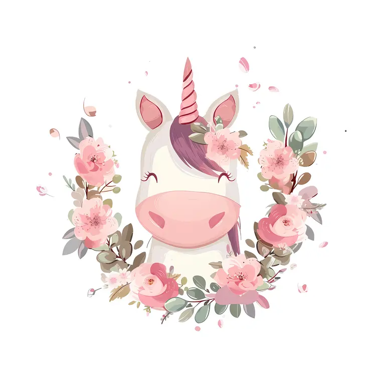 Pink Unicorn with Flowers Illustration