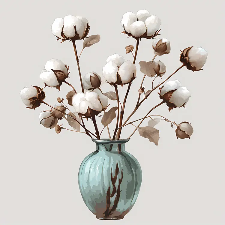 White Cotton Stems in a Blue Vase