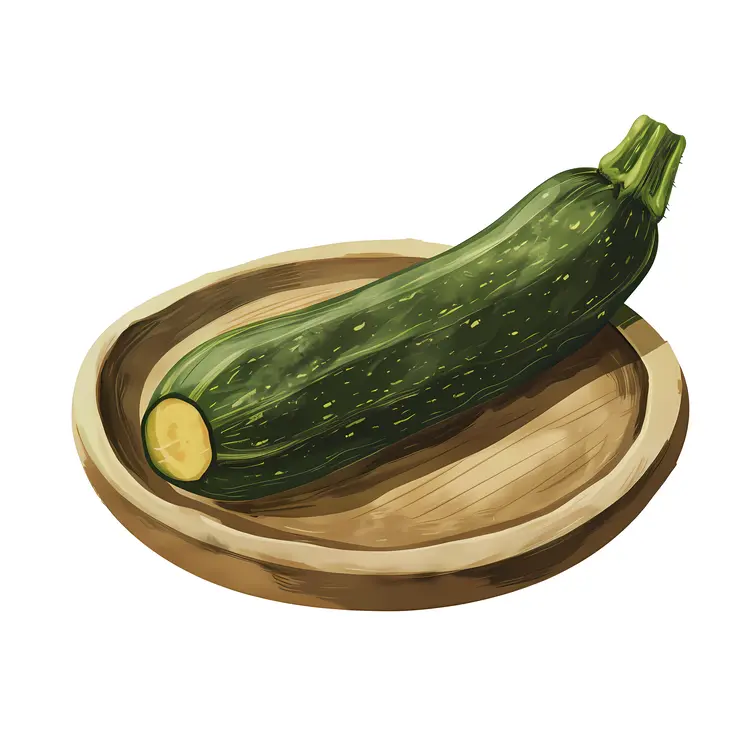 Single Fresh Green Zucchini on Wooden Plate