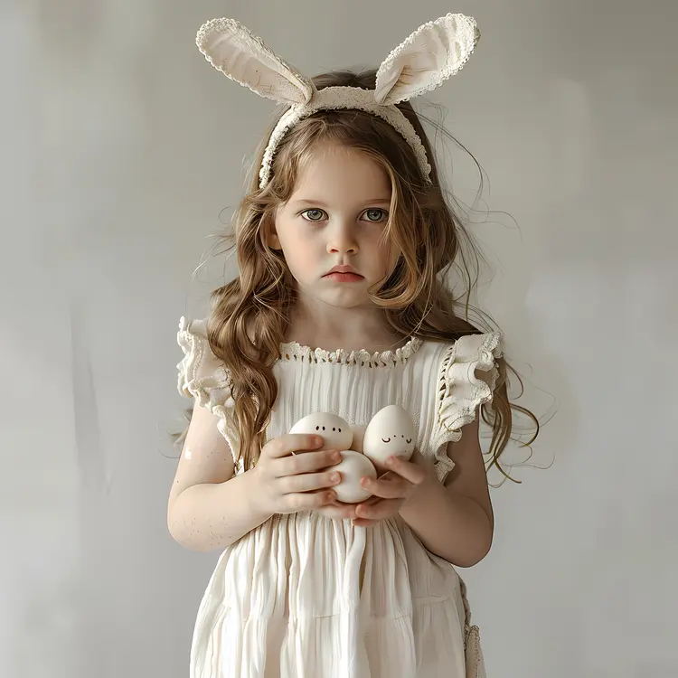 Girl with Bunny Ears Holding Decorated Eggs