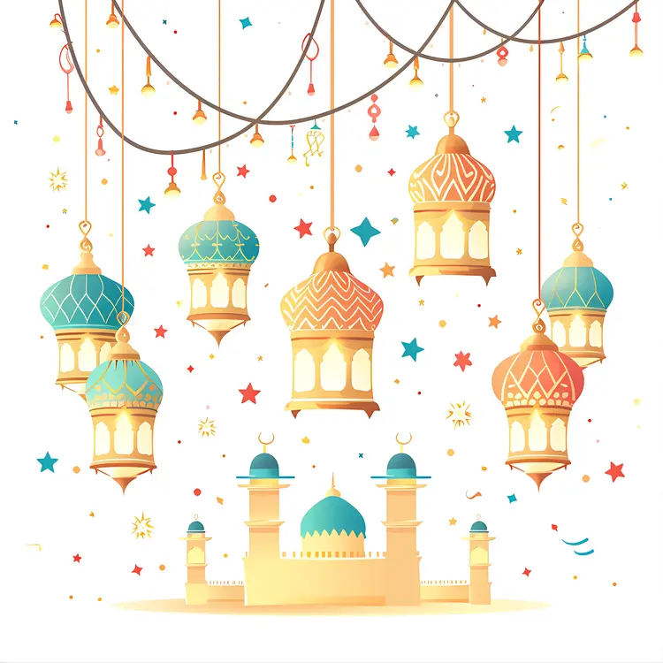 Colorful Hanging Lanterns with Mosque for Ramadan