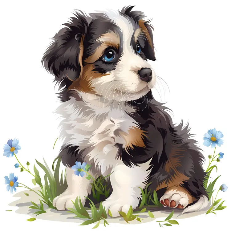 Cute Puppy in Grass with Blue Flowers