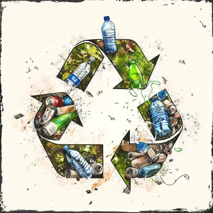 Recycling symbol with plastic bottles and cans