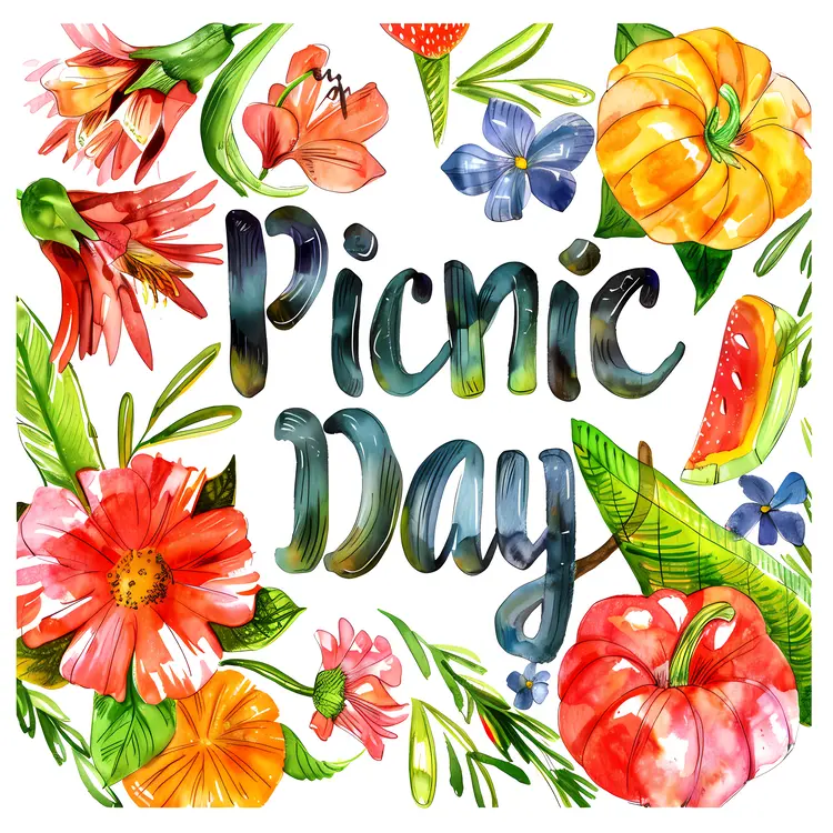 Colorful Picnic Day Text with Flowers