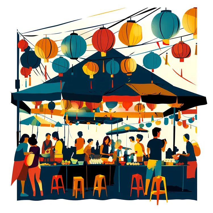 Colorful Food Stall with Lanterns