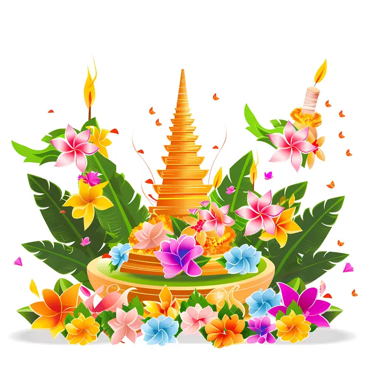 Golden Pagoda with Tropical Flowers