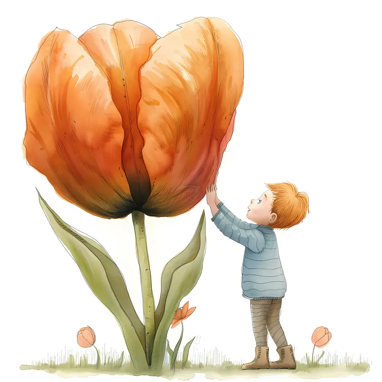 Boy Touching Giant Orange Tulip