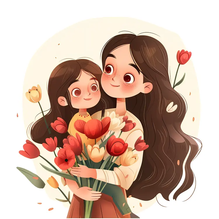 Mother and Daughter Holding a Bouquet of Flowers
