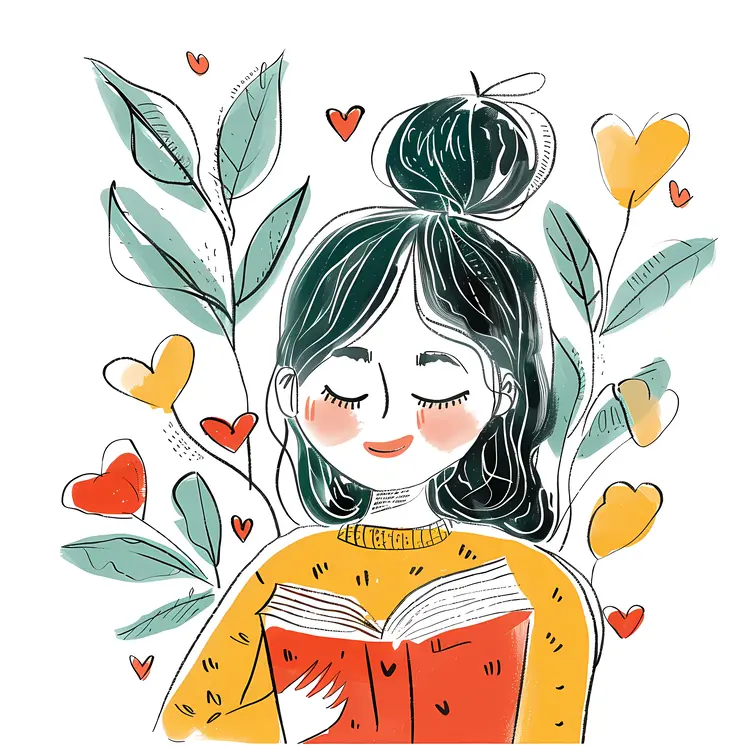 Cute Girl Reading Book with Hearts and Leaves