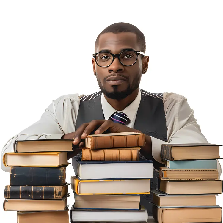 Man with Glasses and Stack of Books
