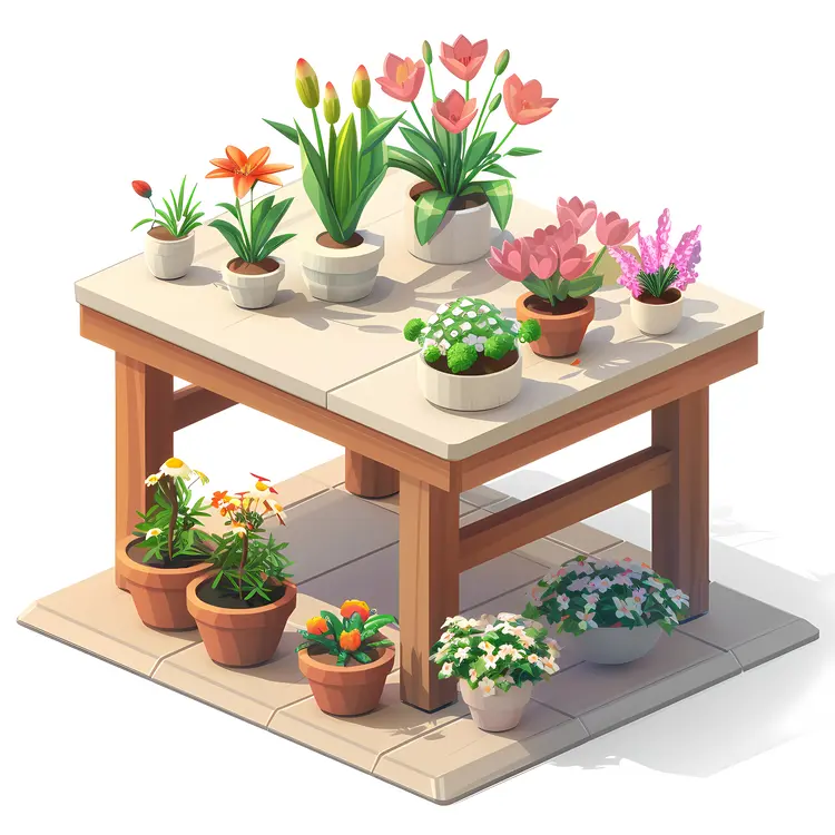Table with Potted Plants in Garden