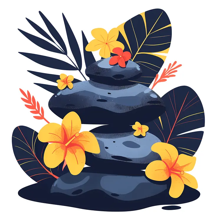 Zen Stacked Stones with Yellow Flowers and Green Leaves