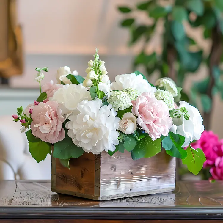 White and Pink Floral Arrangement in Wooden Box