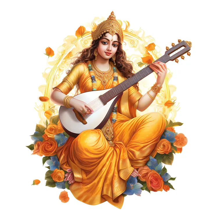 Goddess Playing Veena in Yellow Dress