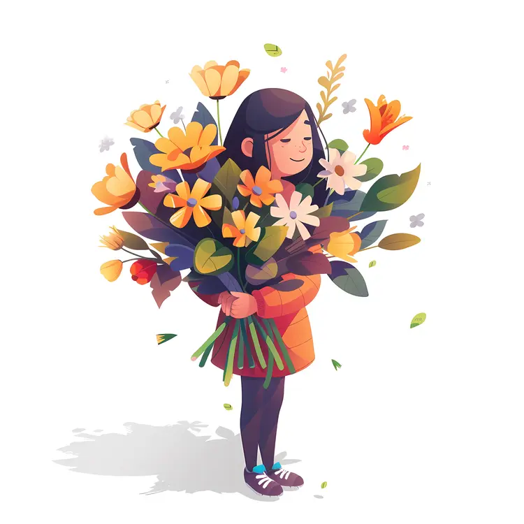 Smiling Girl with a Big Flower Bouquet