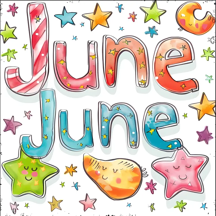 June Word Art with Colorful Stars