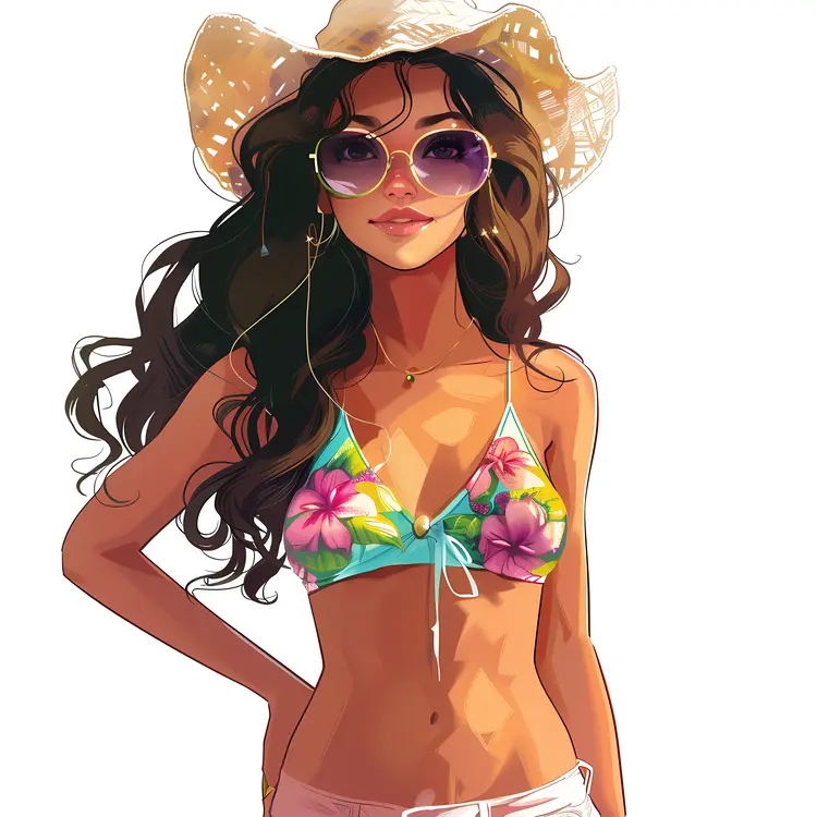 Woman in Floral Bikini and Sun Hat
