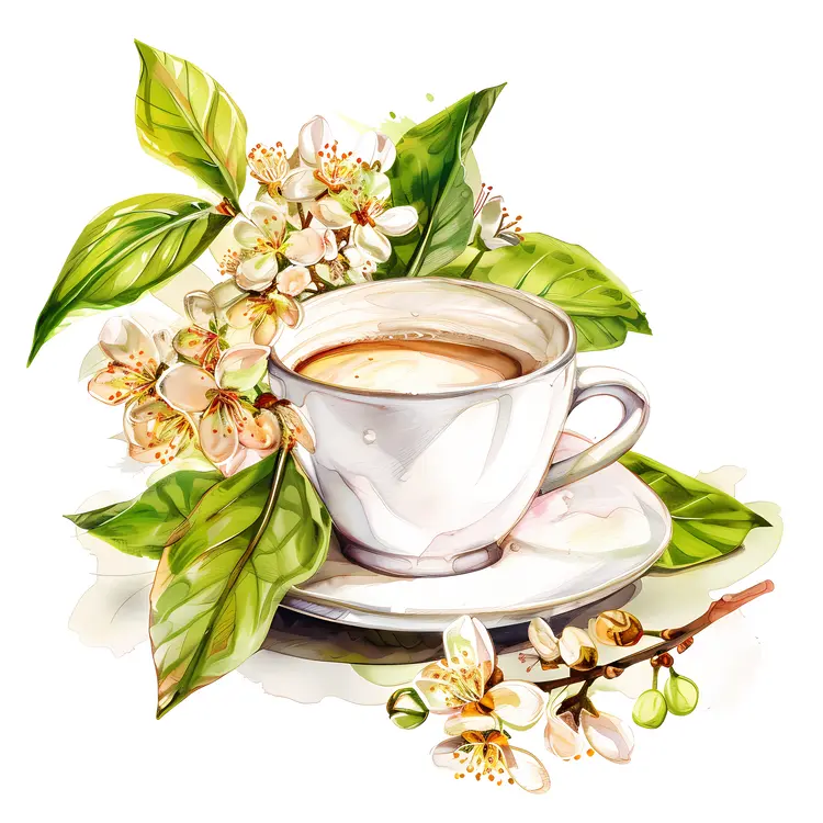 Coffee cup with flowers and leaves