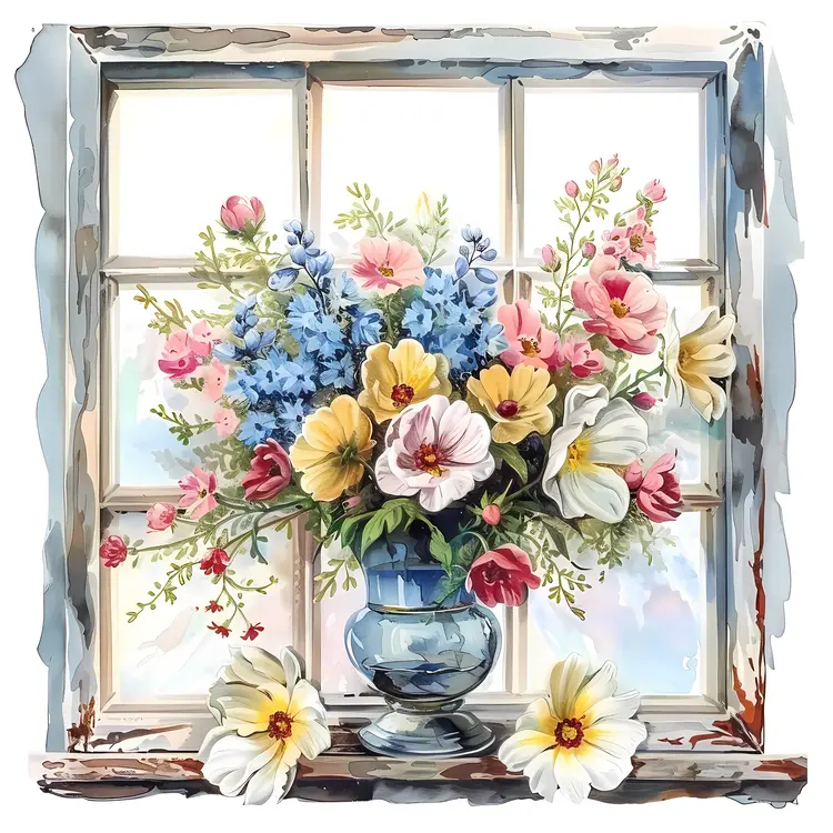 Vintage Flower Vase with Colorful Flowers by the Window