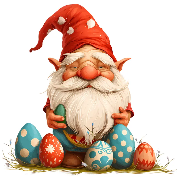 Cute Gnome with Colorful Easter Eggs