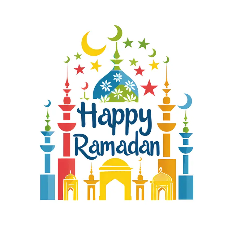 Happy Ramadan Text with Colorful Mosque