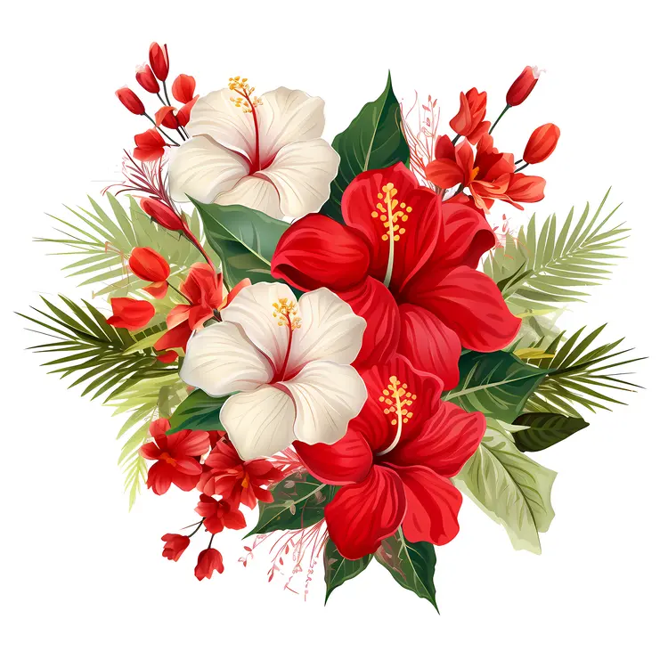 Bouquet of Red and White Hibiscus Flowers with Green Leaves