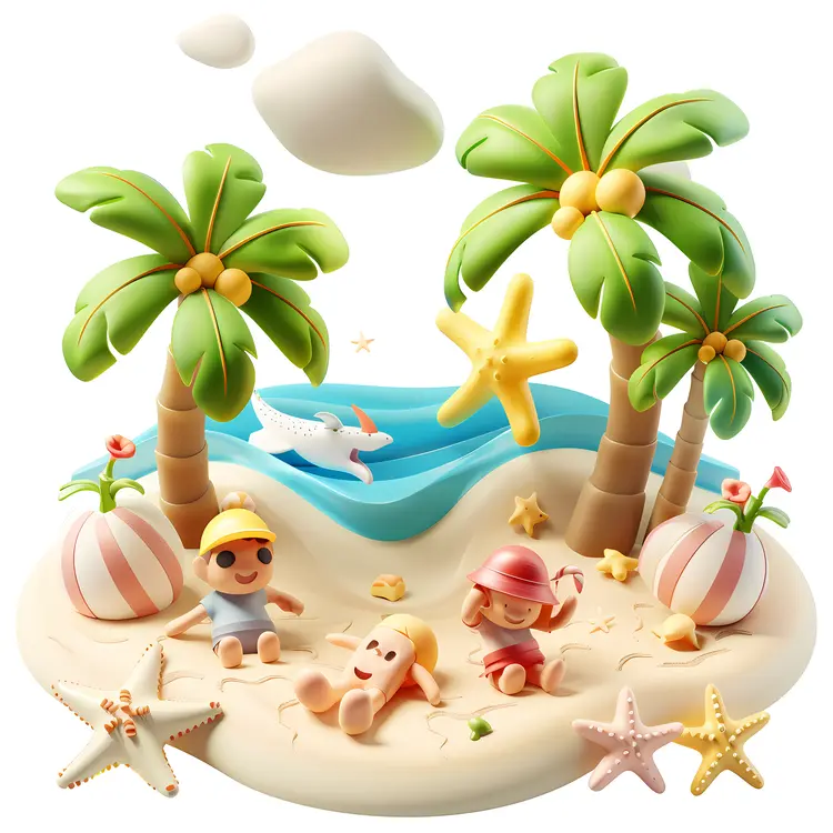 Cute Beach Scene with Palm Trees and Children