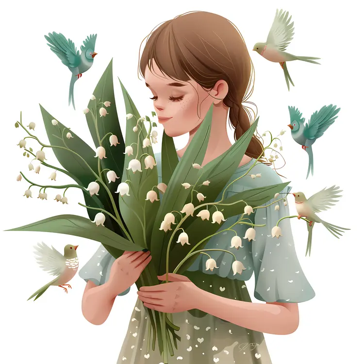 Girl Holding Flowers with Birds Around