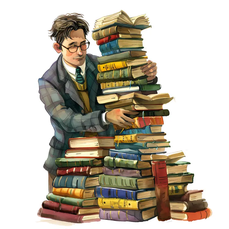 Man with Glasses and Stack of Books